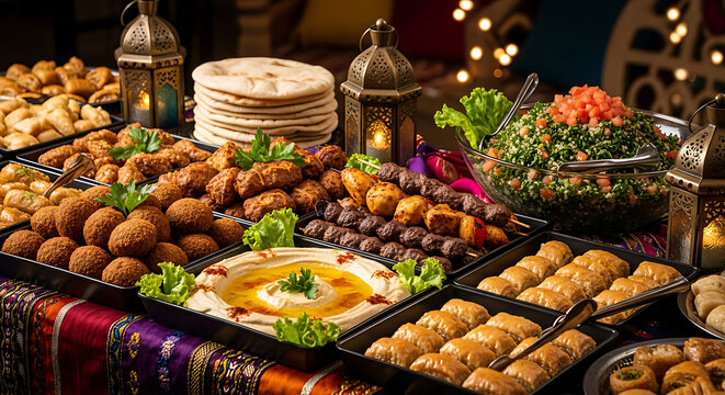 Ultra-realistic Middle Eastern buffet with falafel, hummus, kebabs, pita bread, tabbouleh, and baklava trays, brass lanterns and colorful fabrics under warm golden lighting.