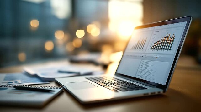 An open laptop glows with a data analytics dashboard surrounded by printed charts with highlighted trends a sleek pen and a spiral notebook top view of an empty workspace data
