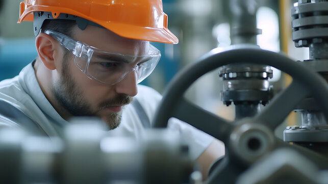 Focused industrial worker in safety gear adjusts machinery at a manufacturing plant. He is wearing protective glasses and an orange helmet to ensure safety.