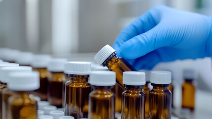Pharmaceutical worker with blue gloves holding an amber glass bottle in a laboratory setting. Close-up of vials in scientific environment showing safety and professional processes.