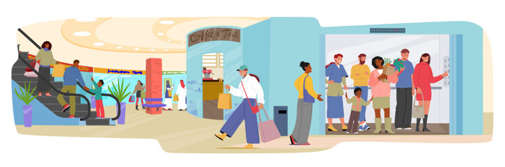 People in shopping mall using elevator and escalator to lift or down to next floor cartoon scene