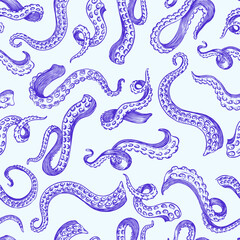 Octopus tentacles. Engraved seamless pattern hand drawn in old sketch, vintage creature. Nautical or marine, monster. Animal in the ocean. Template for logos, labels and emblems.