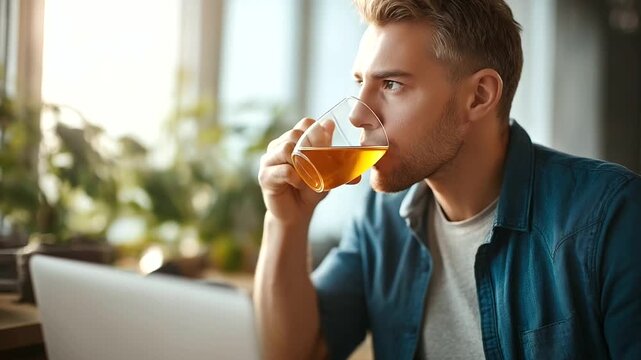 A young man sips jasmine tea from a glass cup his laptop open to an online coding course his cozy home filled with the scent of brewing tea morning light streaming through a bay
