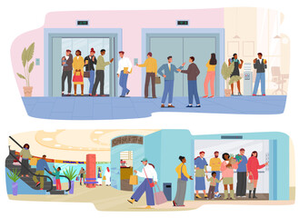 People inside, nearby elevator in common space of shopping mall, office building cartoon scene set © Anna Syvak