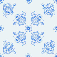 Vintage Baroque or renaissance Seamless pattern hand drawn Victorian set of ornament floral elements engraved retro flower decorative design heraldic swirls.