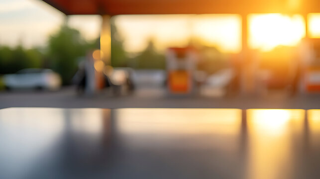 A blurry image of a gas station at sunset, bathed in golden light. The foreground shows a smooth surface reflecting the warm tones of the sky, creating an abstract, dreamlike atmosphere.