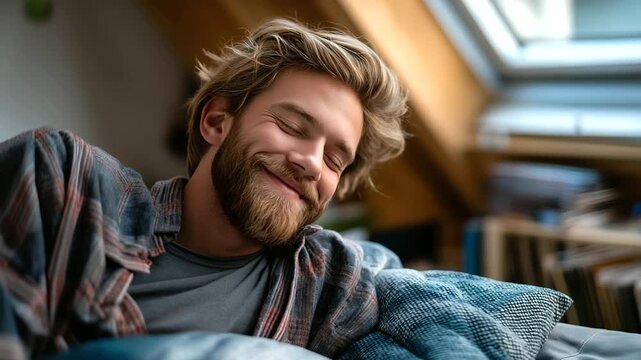 A young man with a beard and blond hair sleeps soundly in a loft bedroom morning light filtering through a skylight his quilt half off a stack of vinyl records on a shelf nearby