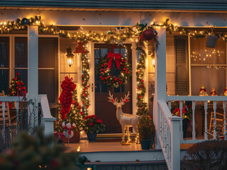Cozy rural home with front porch full of Christmas decorations, reindeer sculpture, and warm lighting