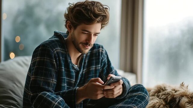 A young man in cozy pajamas messages his girlfriend on his smartphone sitting cross legged on his bed morning light soft through a frosted window a dog eared novel on his pillow - Powered by Adobe