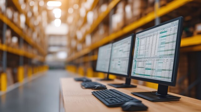 A modern workspace featuring multiple monitors displaying spreadsheets in a warehouse setting, highlighting data management and organization.