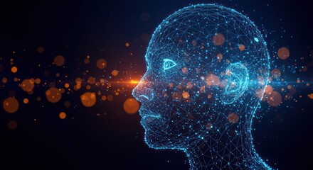 Digital human head profile with glowing particles on a dark background.