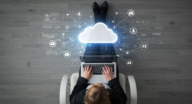 Person using laptop with cloud computing graphic overlay on textured background.