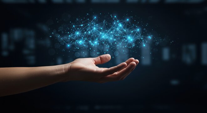 Hand reaches up towards glowing blue particles in a dark abstract space.