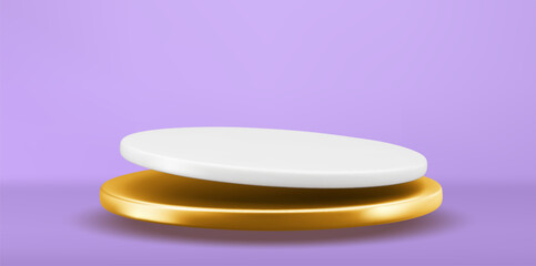 Podium 3d realistic sale background vector design with gold and white pedestal. Vector illustration