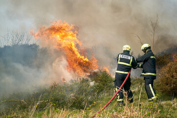 Wildfires fire burning with a lot of smoke, firefighters