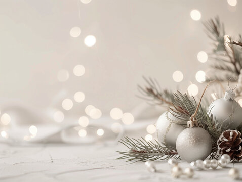 Minimal Christmas scene with elegant decorations and soft light, empty space for text