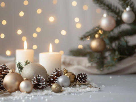 Minimal Christmas scene with elegant decorations and soft light, empty space for text