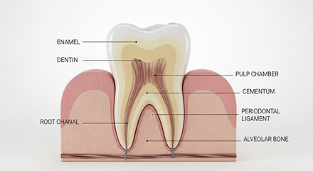 Tooth Anatomy Cross Section Diagram Dental Care Enamel Dentine Pulp Chamber Cementum Periodontal Ligament Alveolar Bone Root Canal Health Education Visual