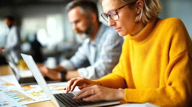 A senior woman and a middle aged man work on laptops analyzing printed charts with colorful annotations top view of a focused workspace financial chart analysis business