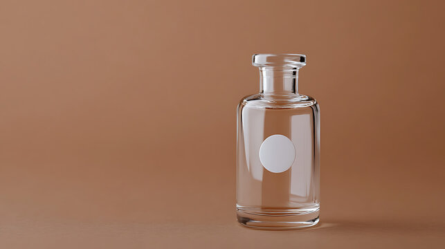 Elegantly designed clear glass bottle stands on a caramel background, the simplicity of its form drawing attention to its potential contents and minimalist aesthetic,  style for branding