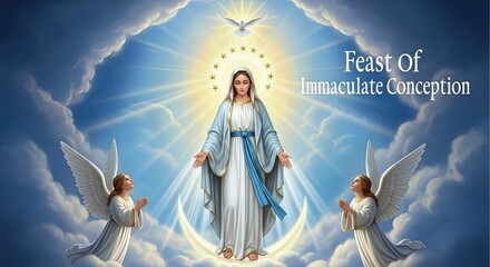 Immaculate Conception Feast: Blessed Virgin Mary stands, surrounded by golden rays, a sacred dove above. Devoted angels kneel on soft clouds, honoring pure spiritual grace on eighth day of December.