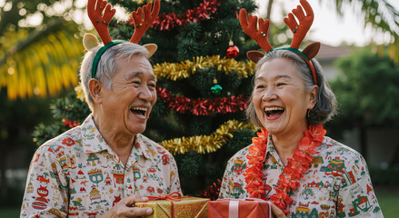elderly couple in festive shirts exchanging gifts near a decorated christmas tree