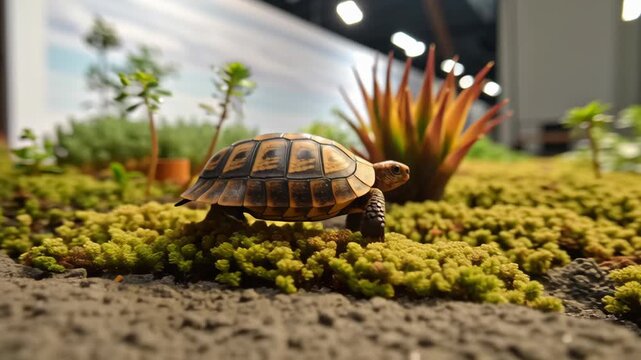 Indoor terrarium setup for exotic pets. Small Tortoise Walking on Lush Green Moss with Plants in Background Creating Serene Natural Scene