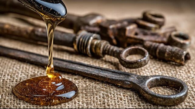 Viscous Golden Liquid Pours Slowly Over Antique Rusty Keys.