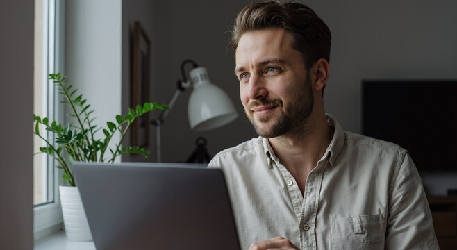 young caucasian man working from home with laptop, thinking and looking out the window