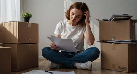 young woman sorting paperwork while sitting among moving boxes in a bright room