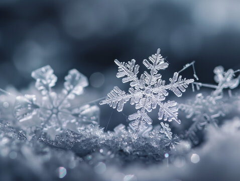 Snowflakes close-up in natural daylight macro photography