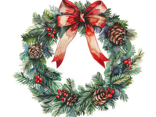 Fototapeta premium Watercolor cartoon illustration of a Christmas wreath with red ribbon and pinecones, isolated on white background