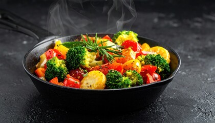 Colorful saut&eacute;ed vegetables in a steaming cast iron skillet on a dark background.