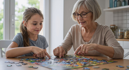 grandmother and granddaughter enjoy solving a colorful jigsaw puzzle at home on a sunny day