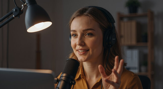 young woman podcaster recording in home studio with microphone and headphones in soft lighting