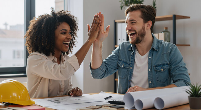 happy diverse colleagues high fiving in modern office with architectural plans