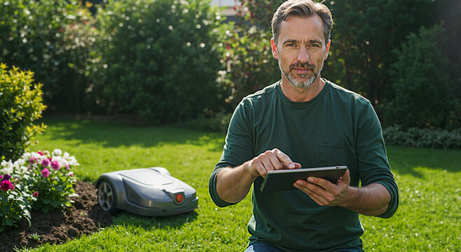 man controlling robotic lawnmower with tablet in sunlit garden during summer