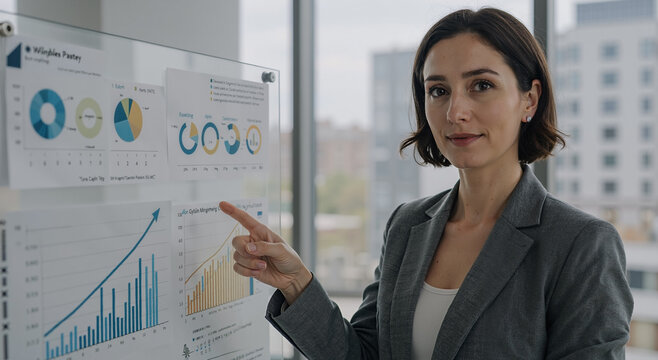 businesswoman explaining data analysis with graphs in modern office setting