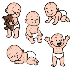 A cute baby character set featuring multiple poses including crawling,sitting,sleeping,standing and hugging a teddy bear.Adorable cartoon infant design with clean outlines and simple shapes.