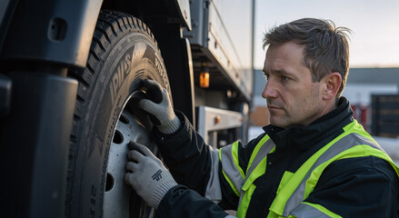 middle-aged caucasian mechanic inspecting truck tire for maintenance at sunrise