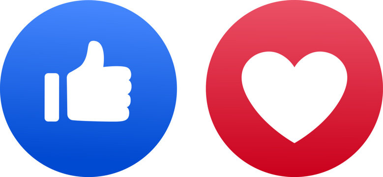 Isolated icons of thumbs-up and heart reactions, universal symbols of Like and Love on major social media platforms for high-impact images