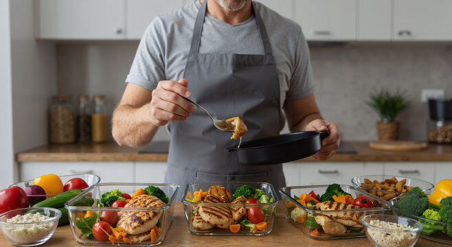 man preparing healthy meal with grilled chicken and vegetables in a modern kitchen - Powered by Adobe