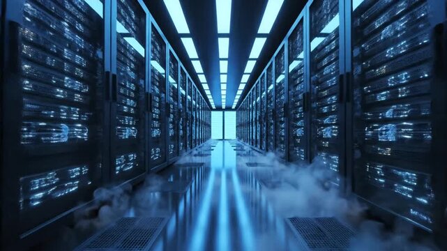 Data center servers with network cables and abstract fog inside an industrial building