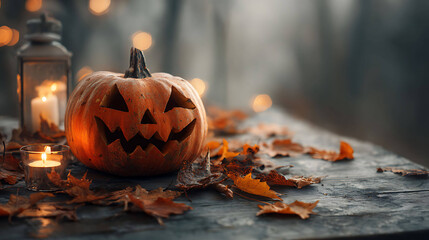Spooky pumpkin with carved face on wooden table, surrounded by dry autumn leaves and soft candlelight, misty background, cinematic Halloween vibe
