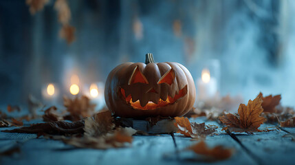 Spooky pumpkin with carved face on wooden table, surrounded by dry autumn leaves and soft candlelight, misty background, cinematic Halloween vibe