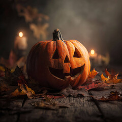 Spooky pumpkin with carved face on wooden table, surrounded by dry autumn leaves and soft candlelight, misty background, cinematic Halloween vibe