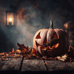Spooky pumpkin with carved face on wooden table, surrounded by dry autumn leaves and soft candlelight, misty background, cinematic Halloween vibe