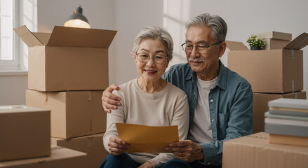elderly asian couple reminiscing while unpacking in new home surrounded by moving boxes