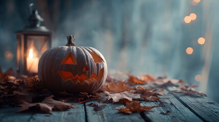 Spooky pumpkin with carved face on wooden table, surrounded by dry autumn leaves and soft candlelight, misty background, cinematic Halloween vibe