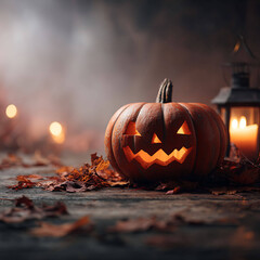 Spooky pumpkin with carved face on wooden table, surrounded by dry autumn leaves and soft candlelight, misty background, cinematic Halloween vibe